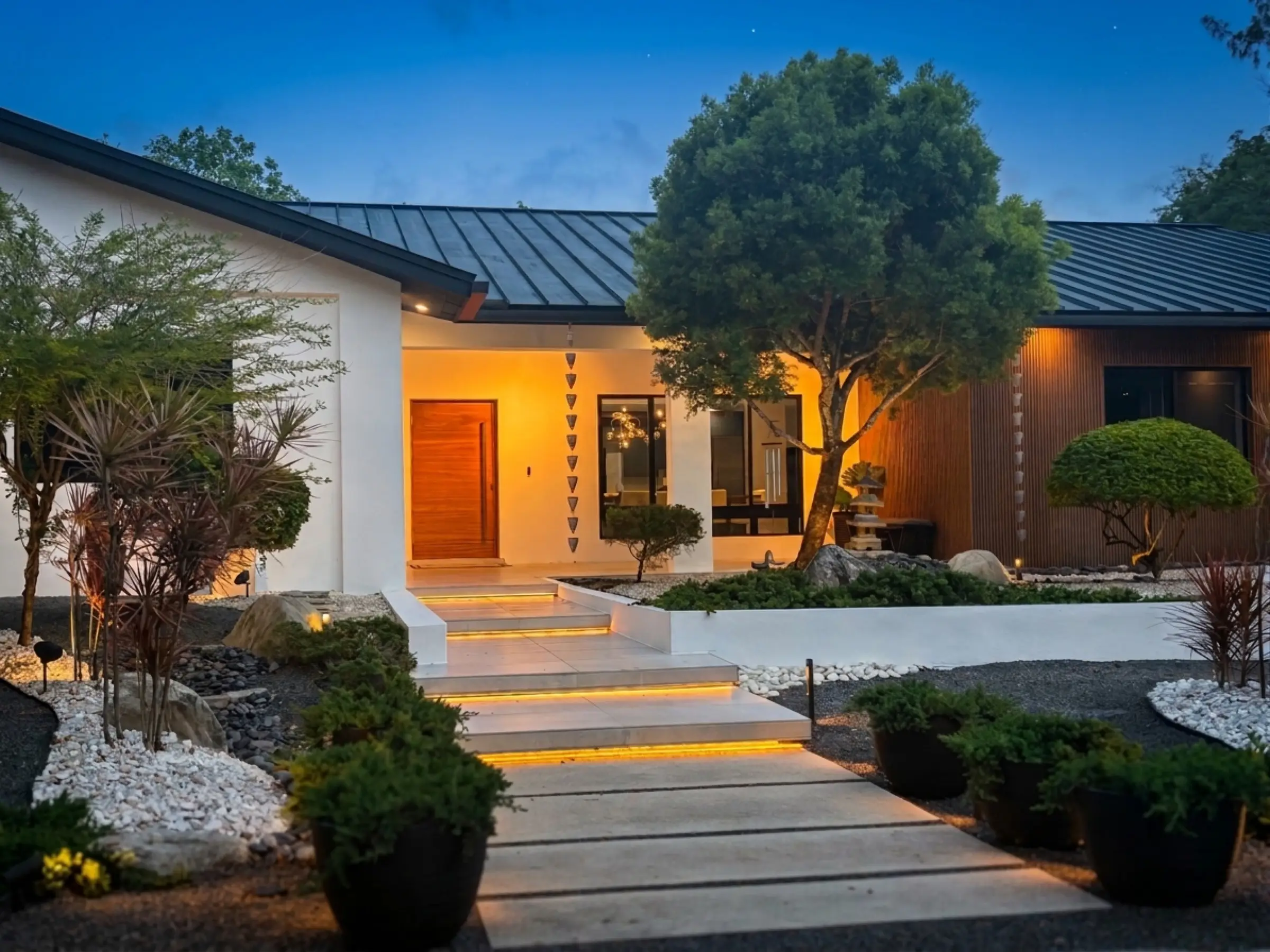 Covered front entryway at dusk