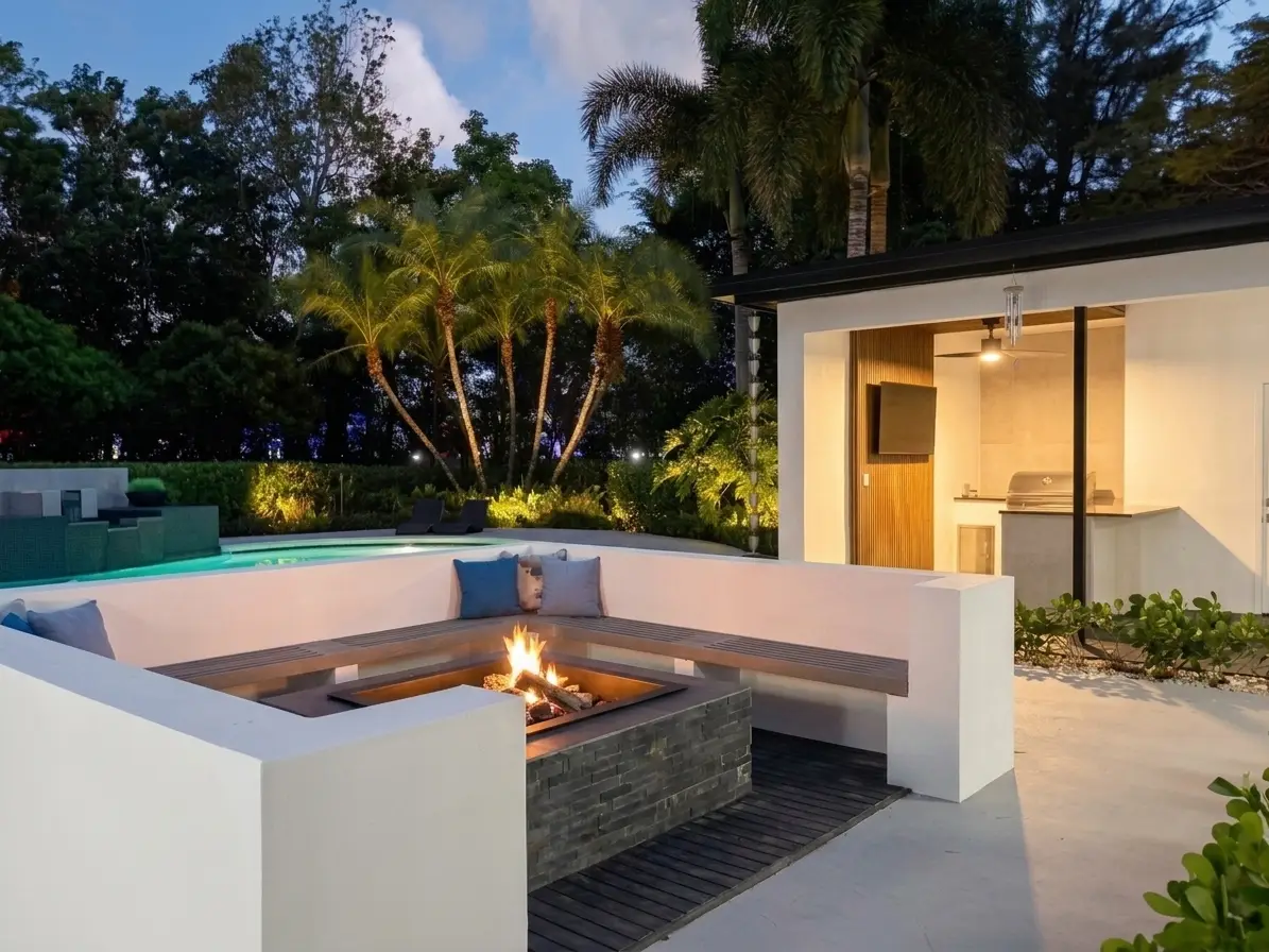 Back patio fire pit terrace looking toward the BBQ pavilion