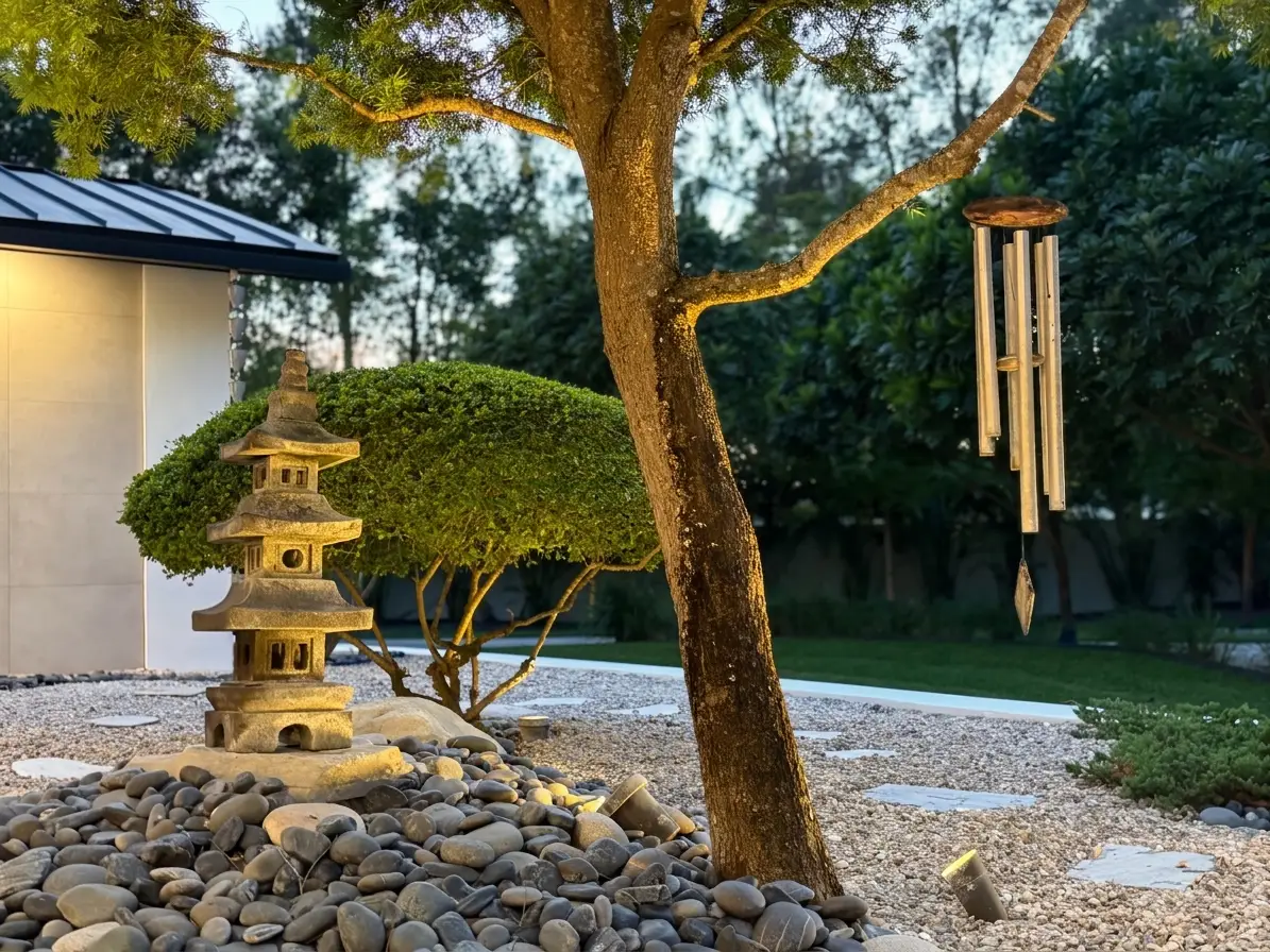 Front elevation at dusk, full Japanese garden, stone lanterns lit, Buddha under bottlebrush tree