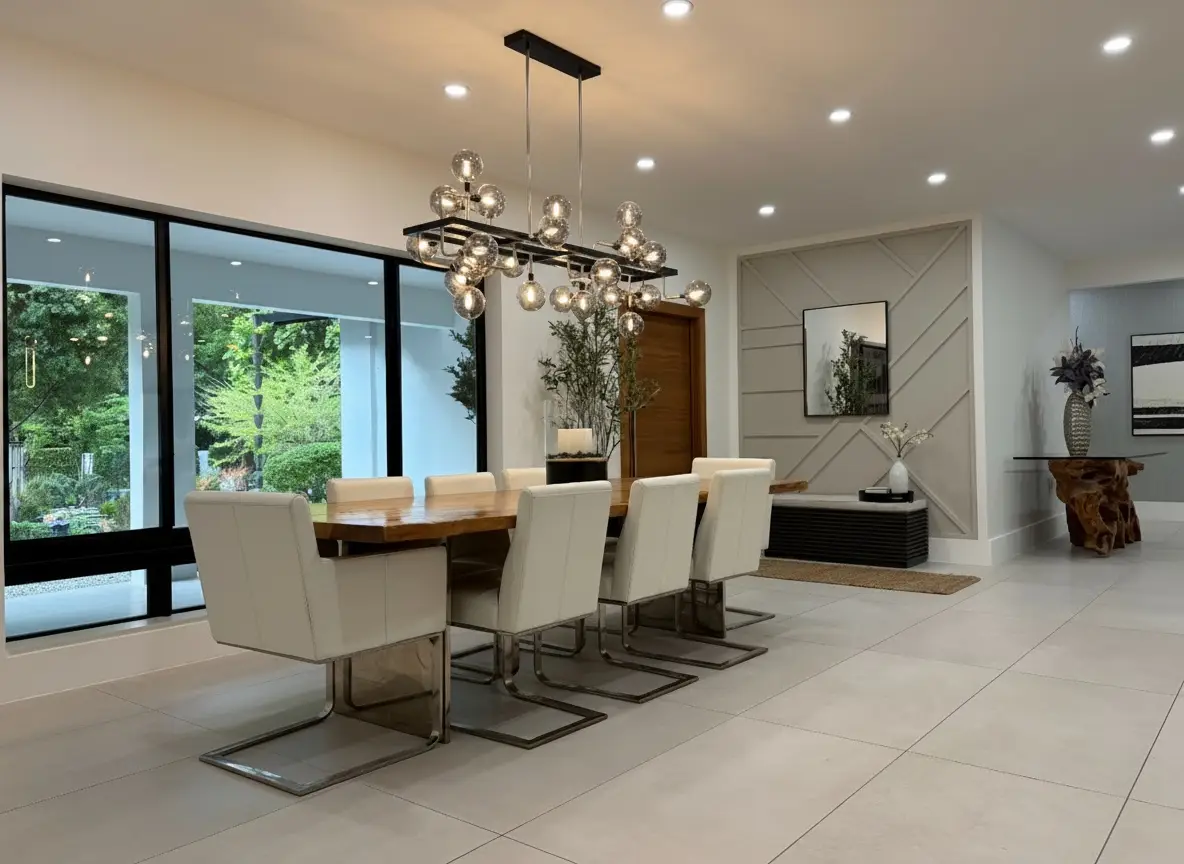Dining room with feature wall and sculptural globe chandelier