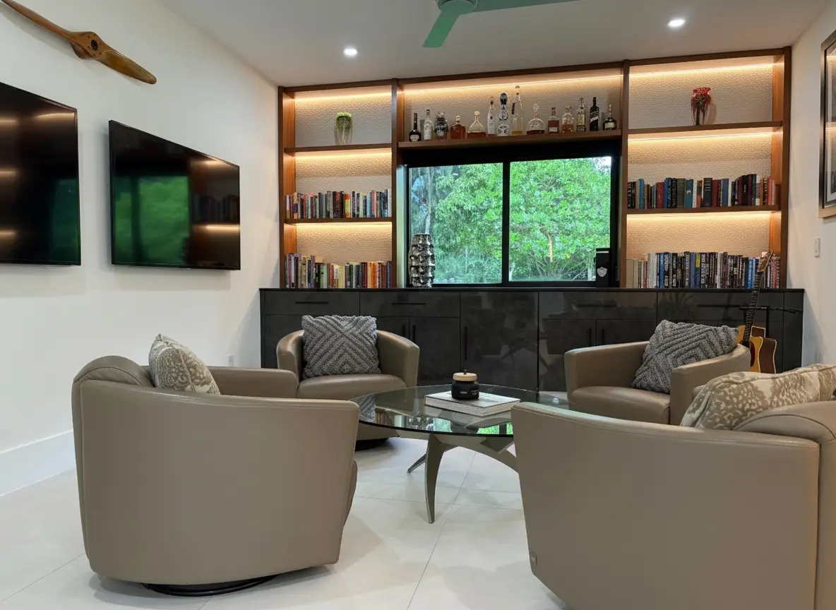 Lounge with backlit Brazilian hardwood shelves, paired displays, and a seating area facing the garden window