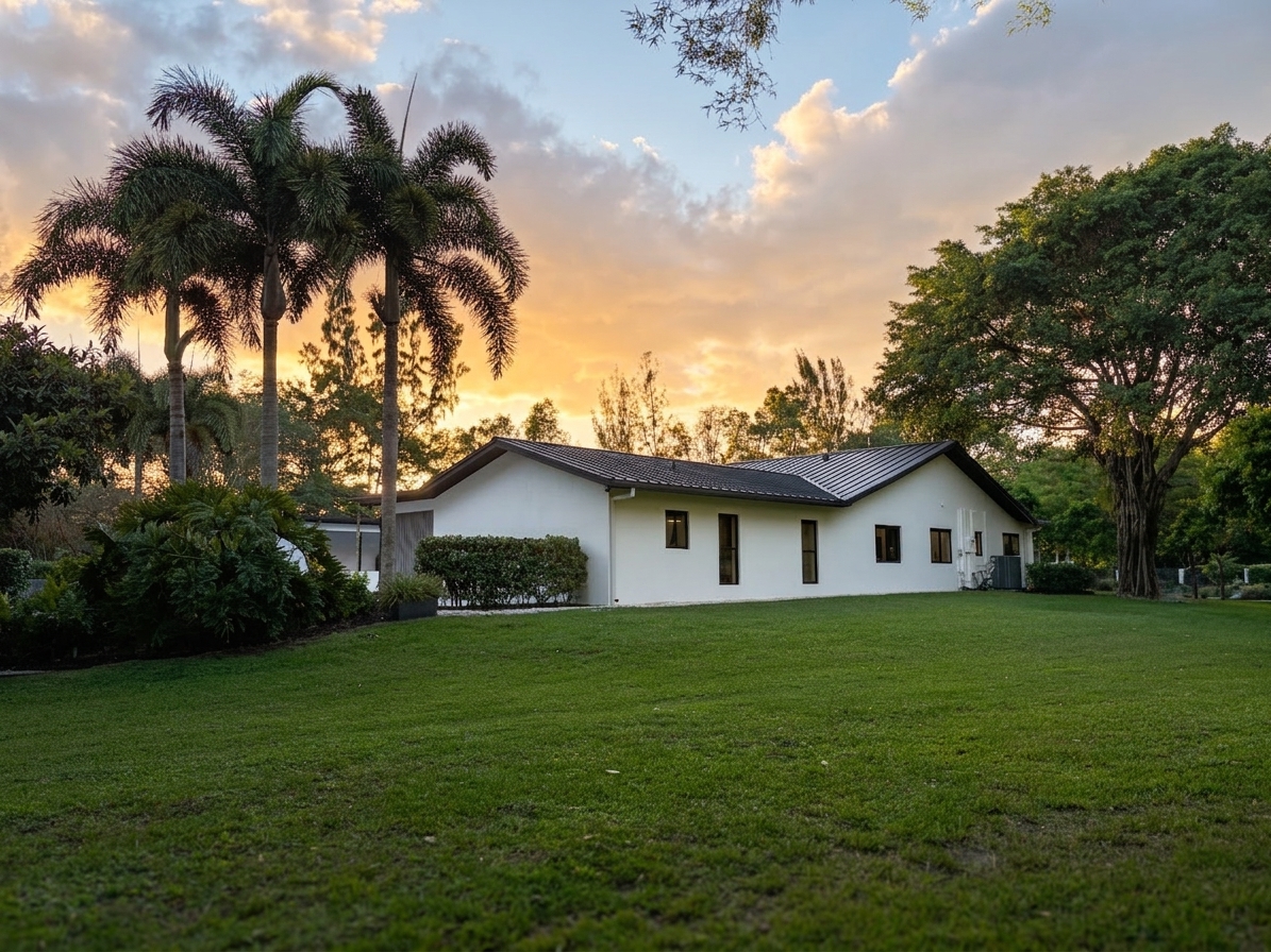 Southeast grounds with open sky and mature palm canopy